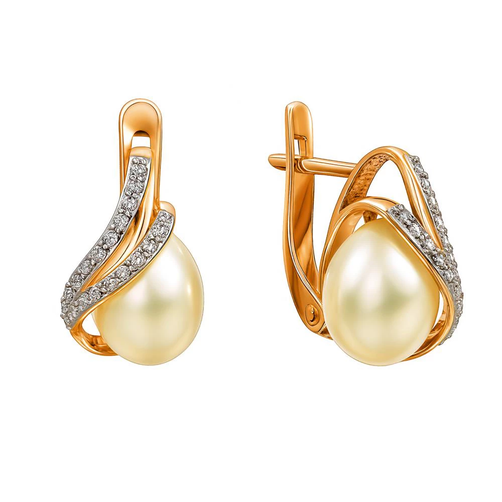 Серьги с культивированным жемчугом и фианитами из красного золота 585 пробы