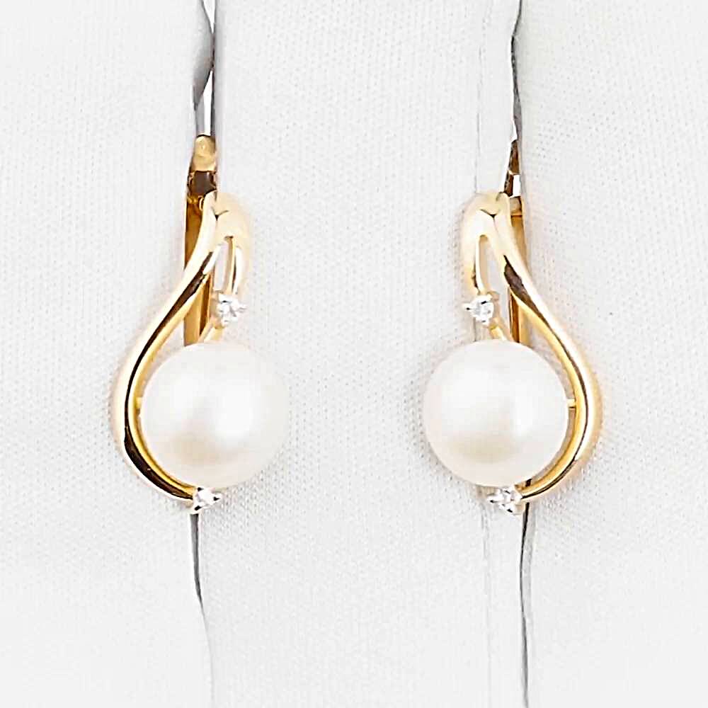 Серьги с культивированным жемчугом и фианитами из красного золота 585 пробы