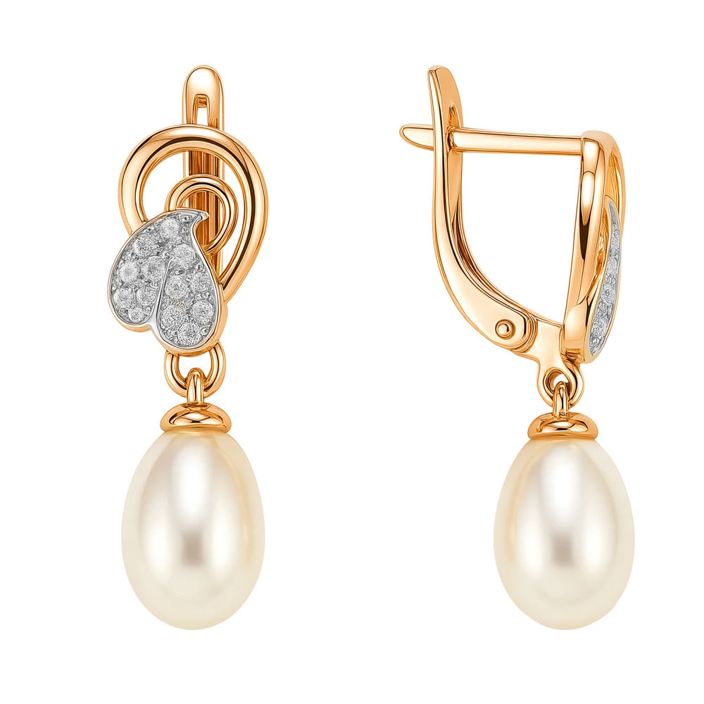Серьги с культивированным жемчугом и фианитами из красного золота 585 пробы Серьги с культивированным жемчугом и фианитами из красного золота 585 пробы