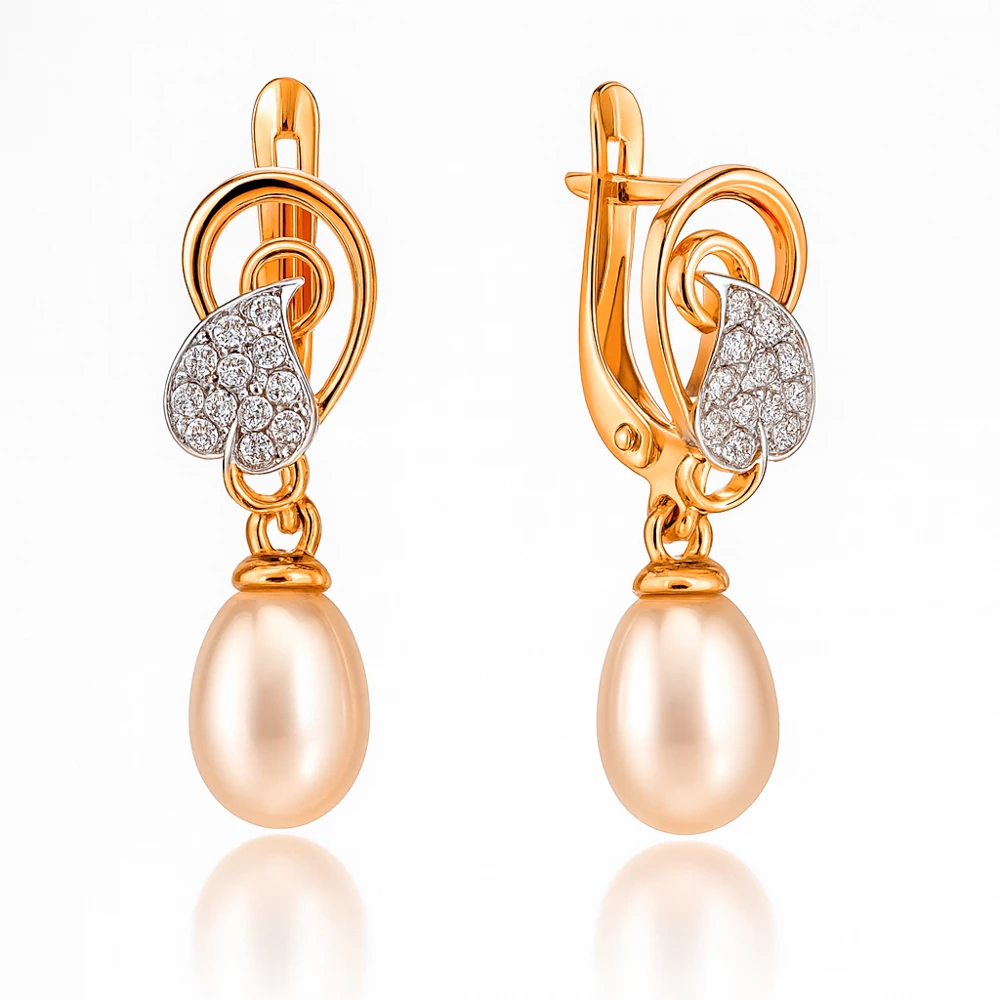 Серьги с культивированным жемчугом и фианитами из красного золота 585 пробы
