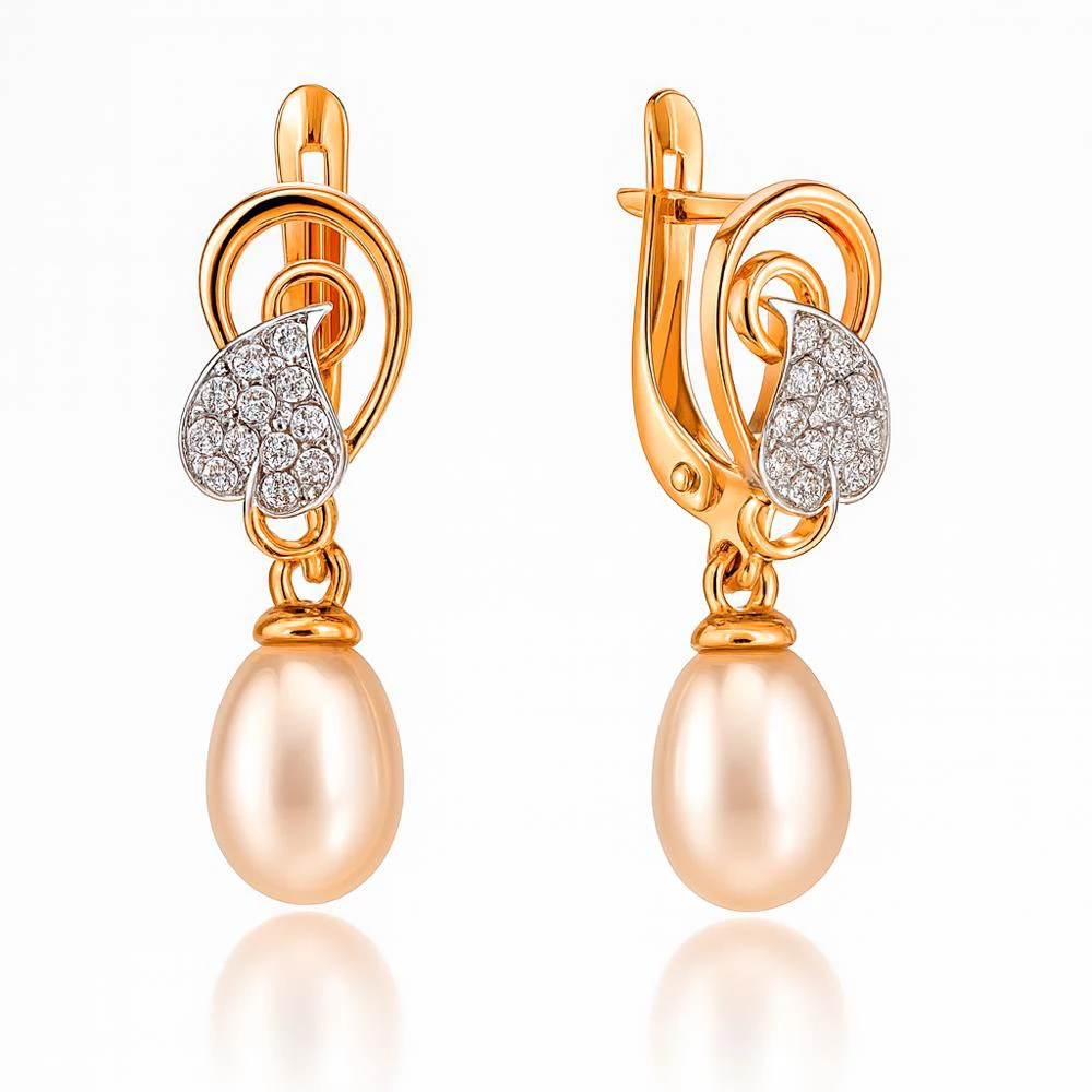 Серьги с культивированным жемчугом и фианитами из красного золота 585 пробы