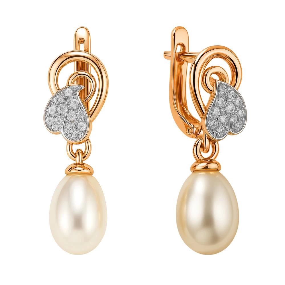 Серьги с культивированным жемчугом и фианитами из красного золота 585 пробы