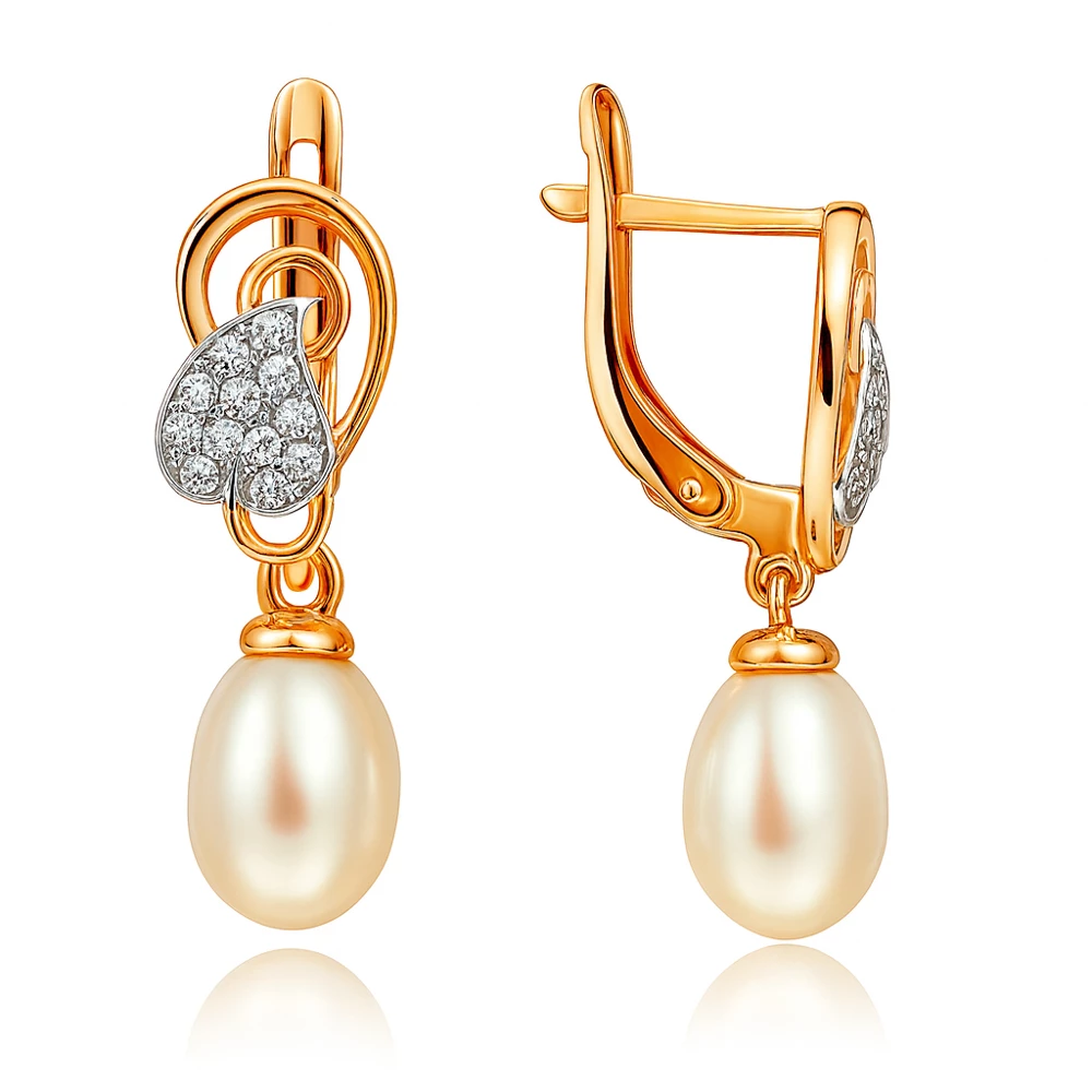 Серьги с культивированным жемчугом и фианитами из красного золота 585 пробы
