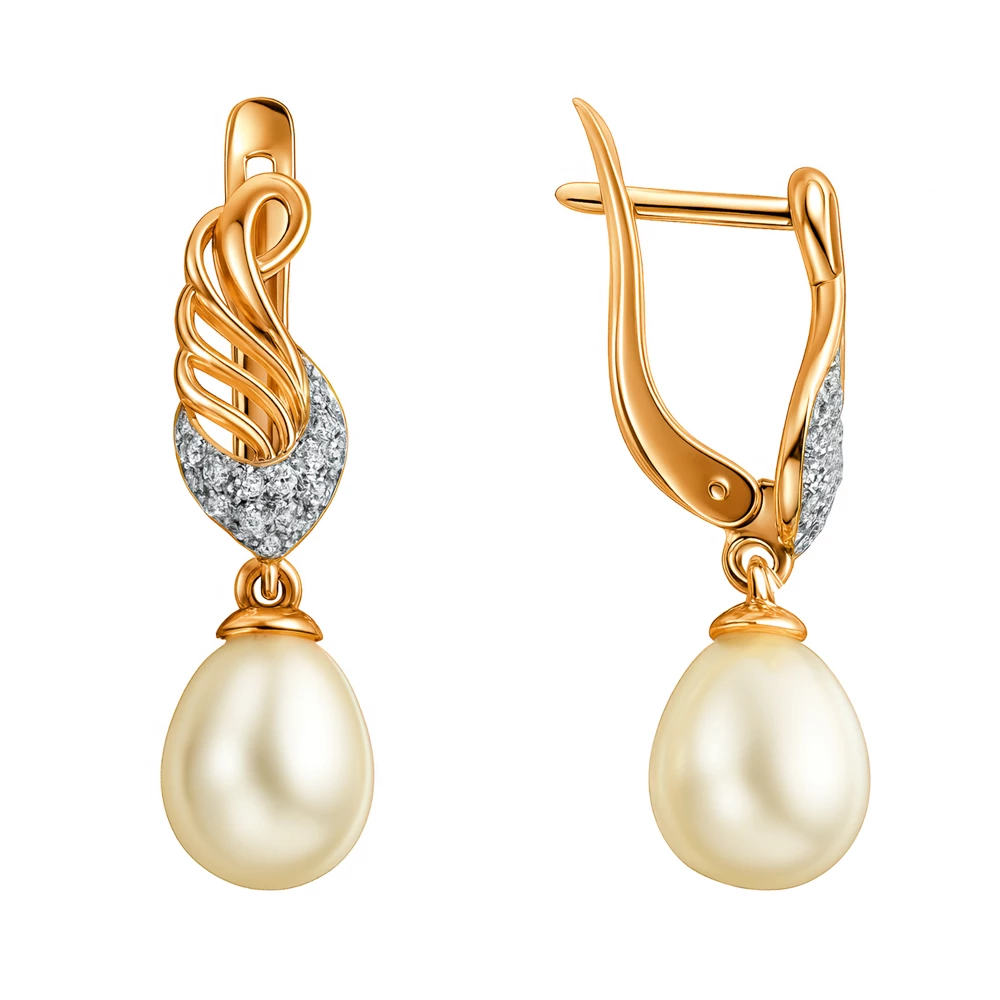 Серьги с культивированным жемчугом и фианитами из красного золота 585 пробы Серьги с культивированным жемчугом и фианитами из красного золота 585 пробы