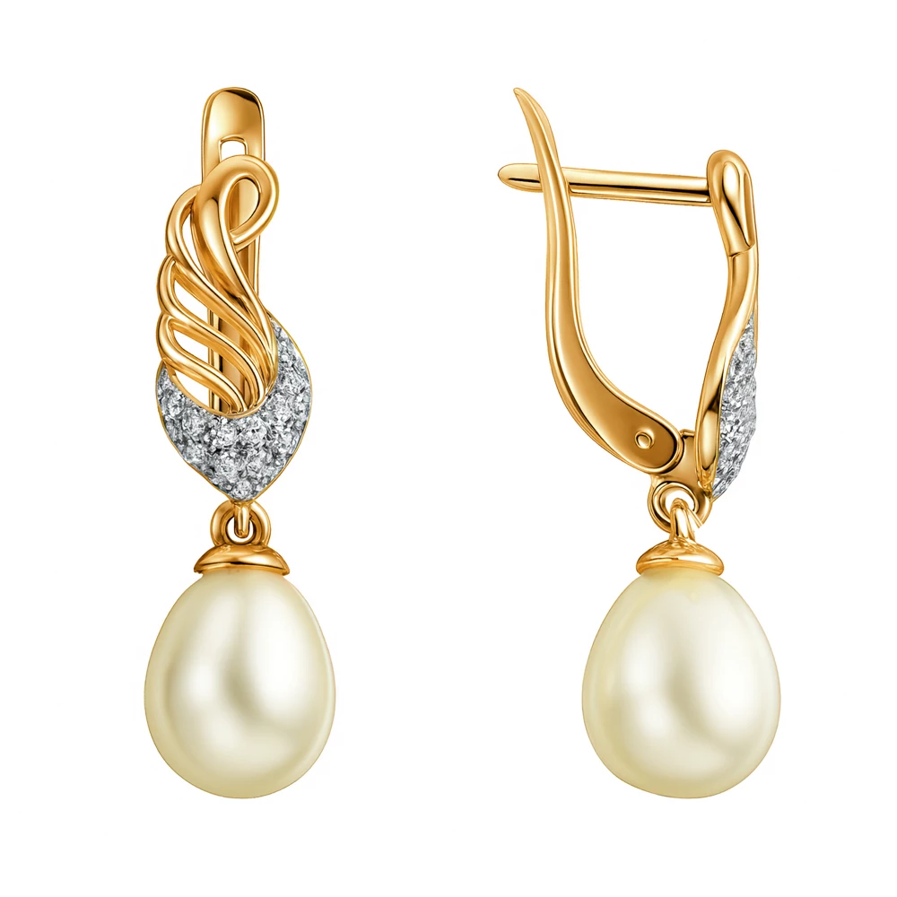 Серьги с культивированным жемчугом и фианитами из красного золота 585 пробы