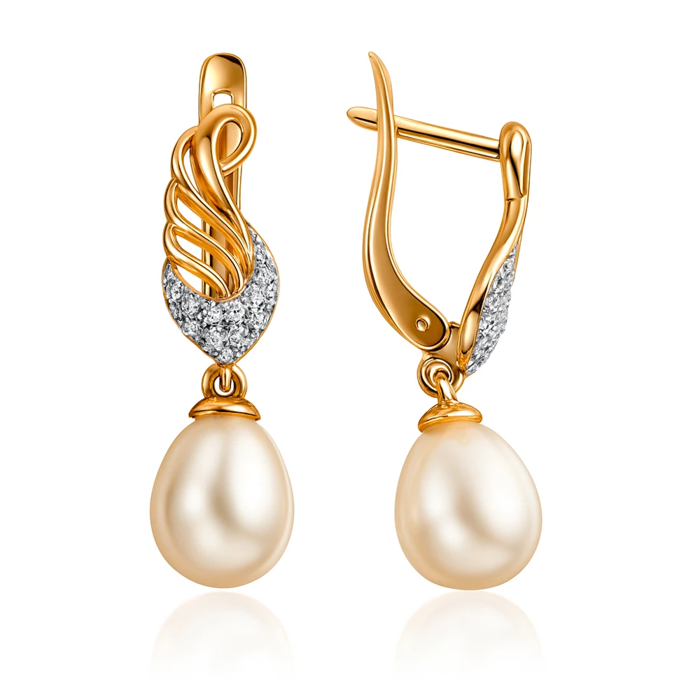 Серьги с культивированным жемчугом и фианитами из красного золота 585 пробы