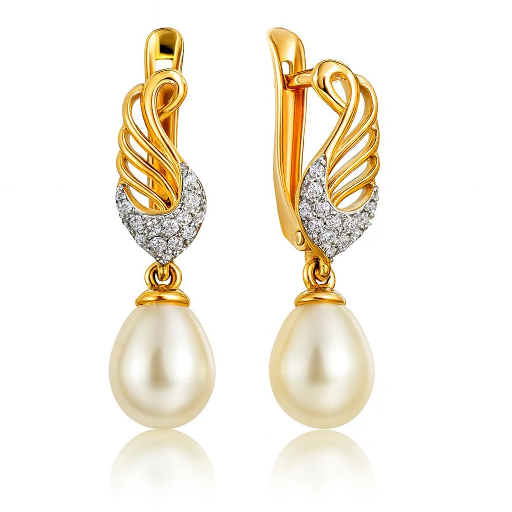 Серьги с культивированным жемчугом и фианитами из красного золота 585 пробы Серьги с культивированным жемчугом и фианитами из красного золота 585 пробы