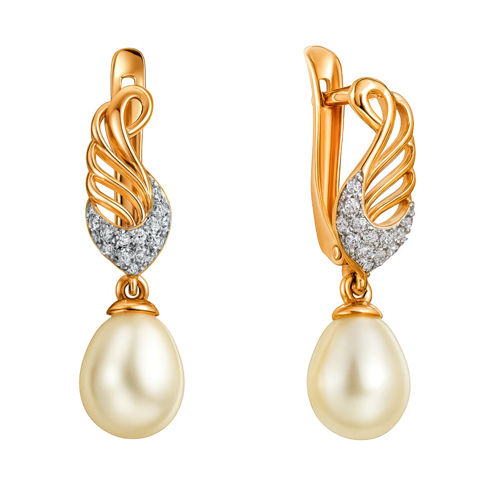 Серьги с культивированным жемчугом и фианитами из красного золота 585 пробы