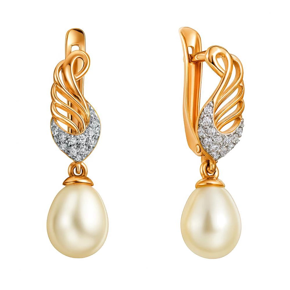 Серьги с культивированным жемчугом и фианитами из красного золота 585 пробы
