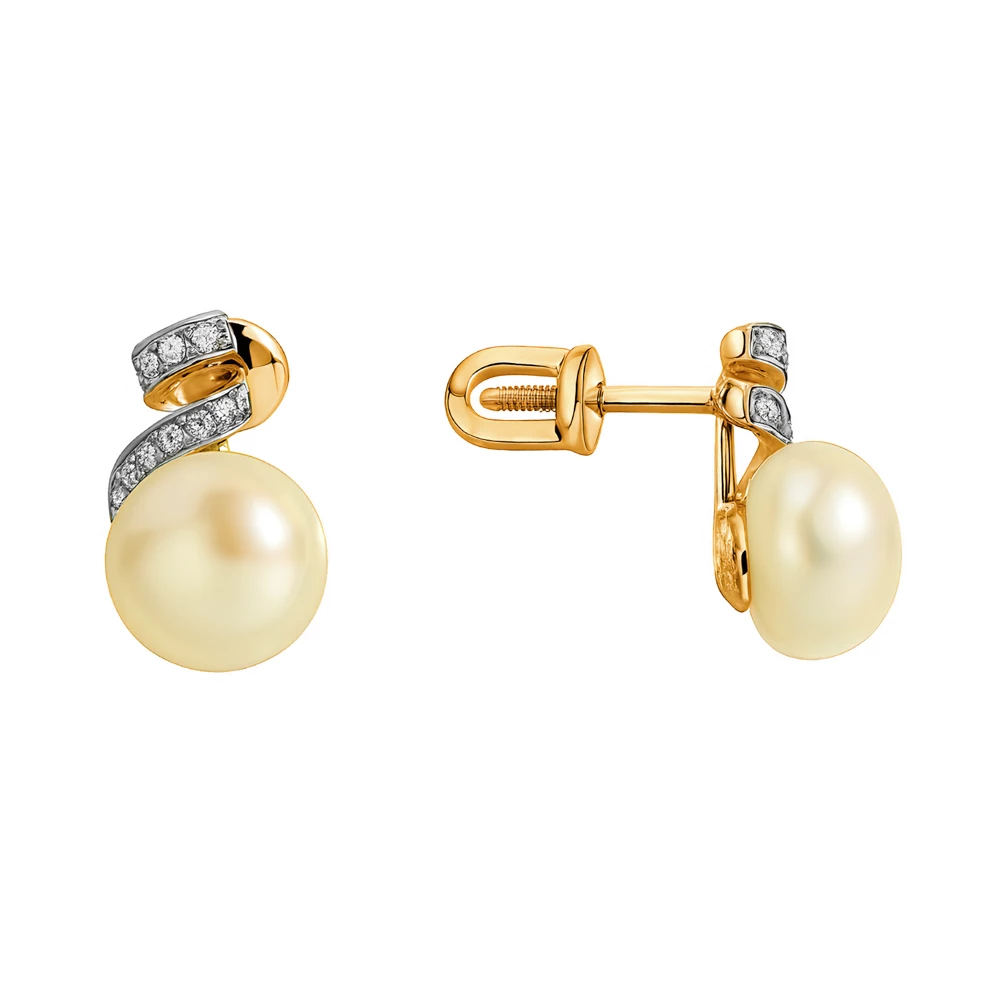 Серьги с культивированным жемчугом и фианитами из красного золота 585 пробы