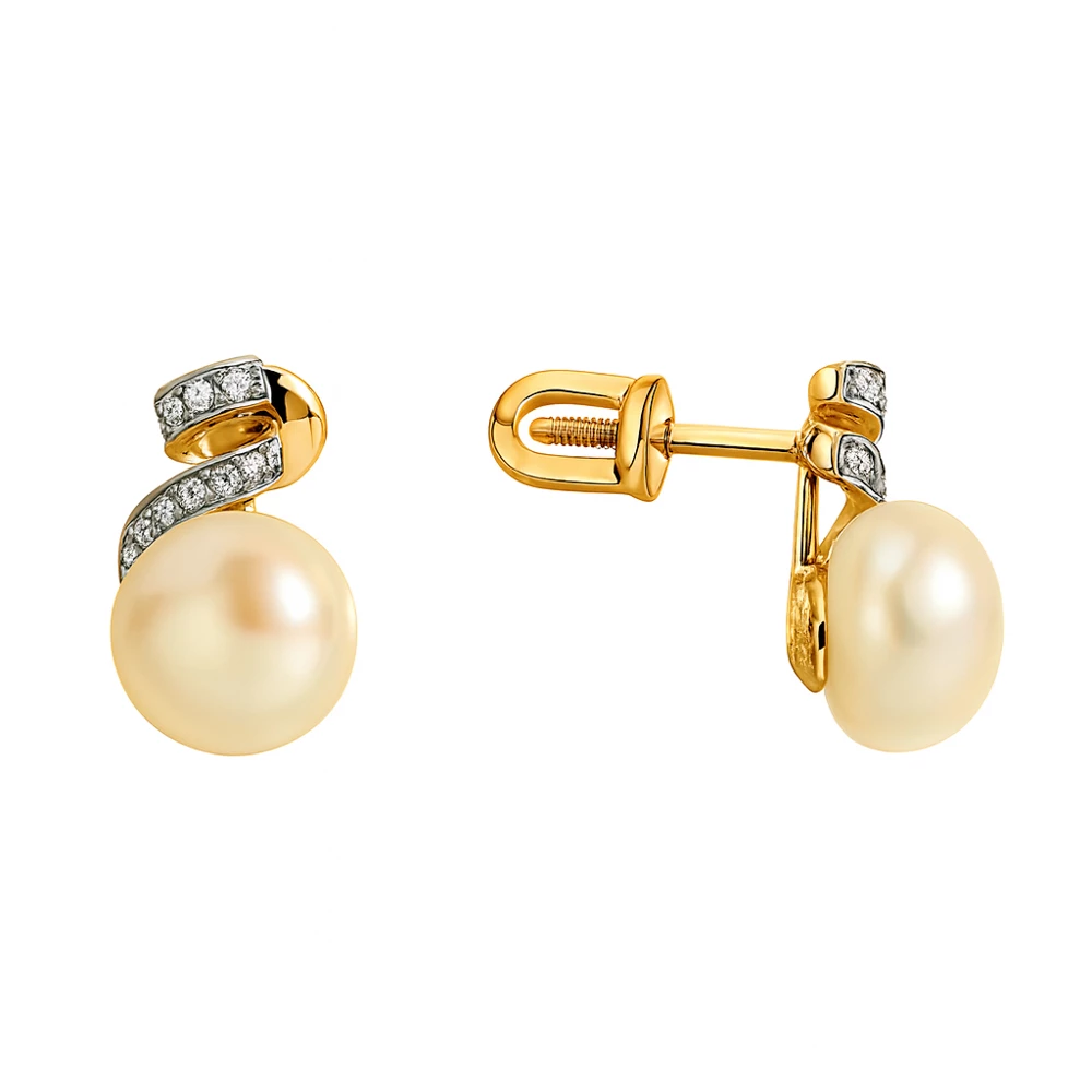 Серьги с культивированным жемчугом и фианитами из красного золота 585 пробы Серьги с культивированным жемчугом и фианитами из красного золота 585 пробы