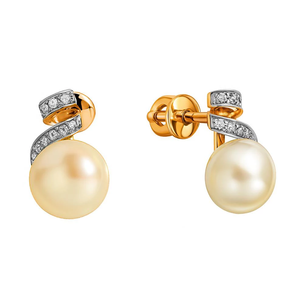 Серьги с культивированным жемчугом и фианитами из красного золота 585 пробы Серьги с культивированным жемчугом и фианитами из красного золота 585 пробы
