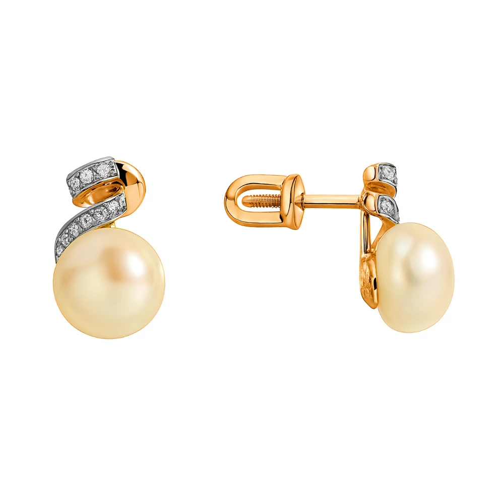 Серьги с культивированным жемчугом и фианитами из красного золота 585 пробы