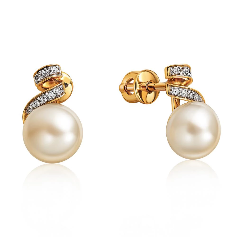 Серьги с культивированным жемчугом и фианитами из красного золота 585 пробы Серьги с культивированным жемчугом и фианитами из красного золота 585 пробы