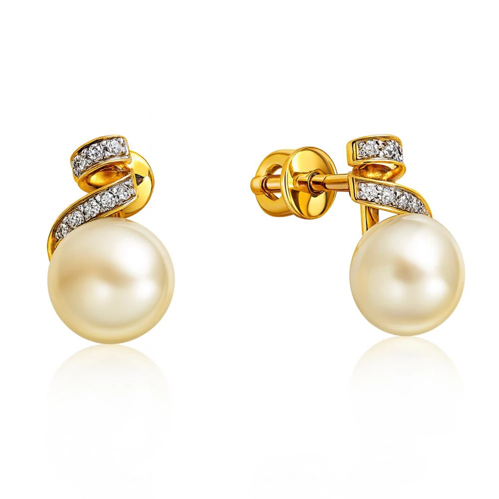 Серьги с культивированным жемчугом и фианитами из красного золота 585 пробы