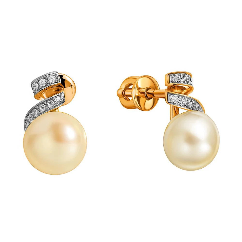 Серьги с культивированным жемчугом и фианитами из красного золота 585 пробы