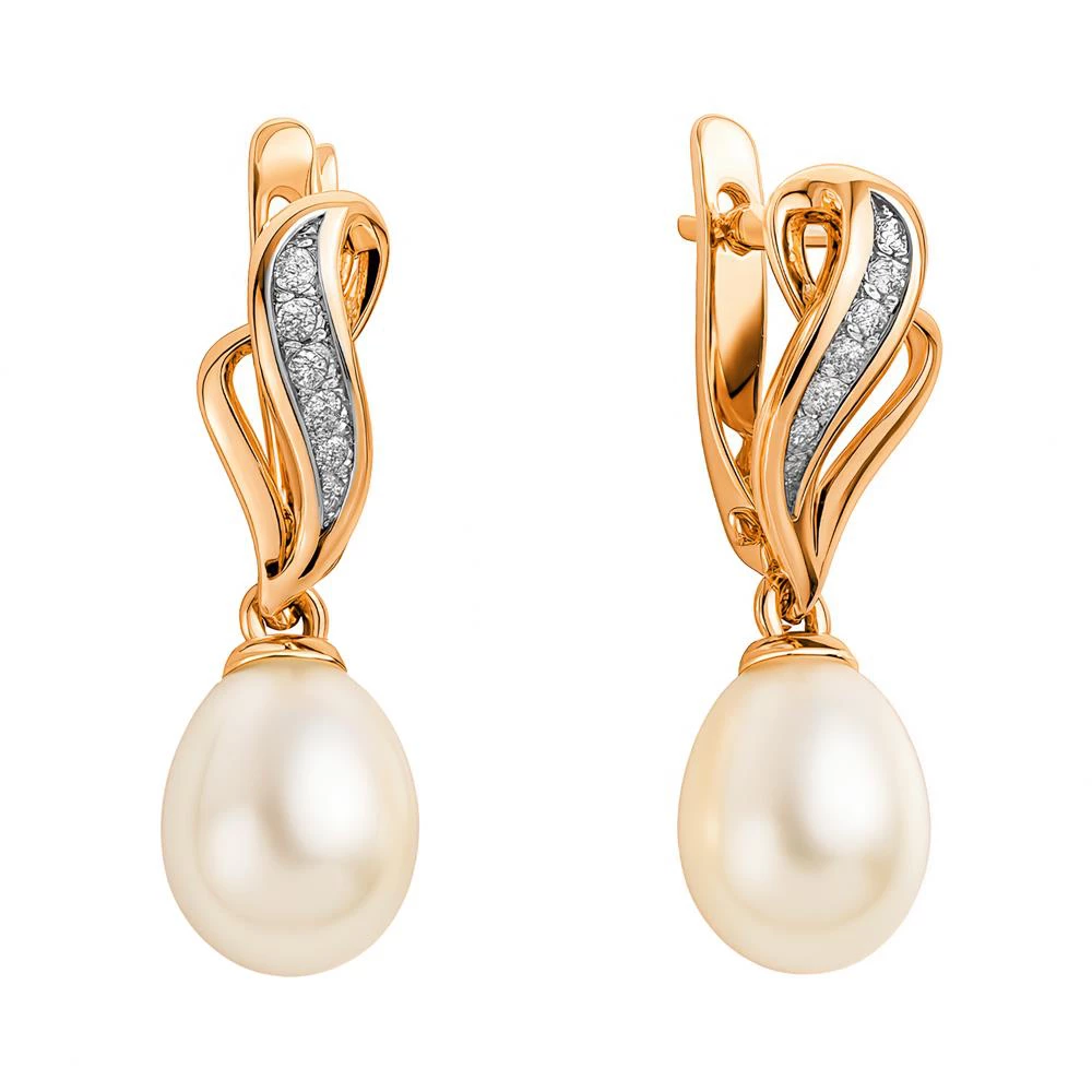 Серьги с культивированным жемчугом и фианитами из красного золота 585 пробы