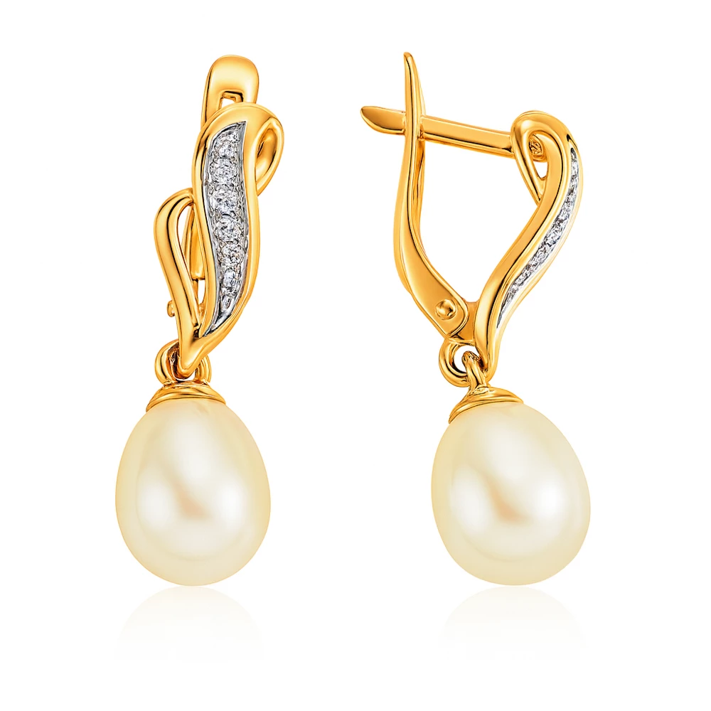 Серьги с культивированным жемчугом и фианитами из красного золота 585 пробы Серьги с культивированным жемчугом и фианитами из красного золота 585 пробы