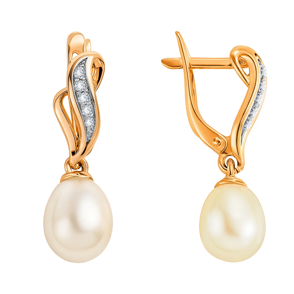 Серьги с культивированным жемчугом и фианитами из красного золота 585 пробы