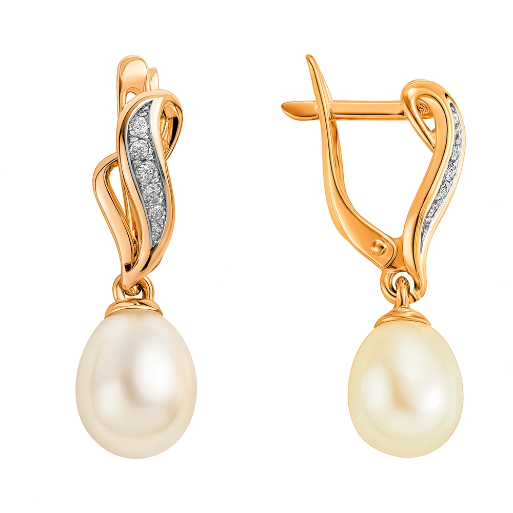 Серьги с культивированным жемчугом и фианитами из красного золота 585 пробы Серьги с культивированным жемчугом и фианитами из красного золота 585 пробы