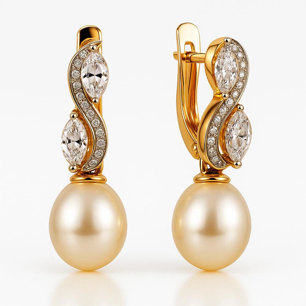 Серьги с культивированным жемчугом и фианитами из красного золота 585 пробы Серьги с культивированным жемчугом и фианитами из красного золота 585 пробы