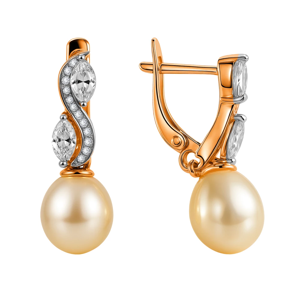 Серьги с культивированным жемчугом и фианитами из красного золота 585 пробы
