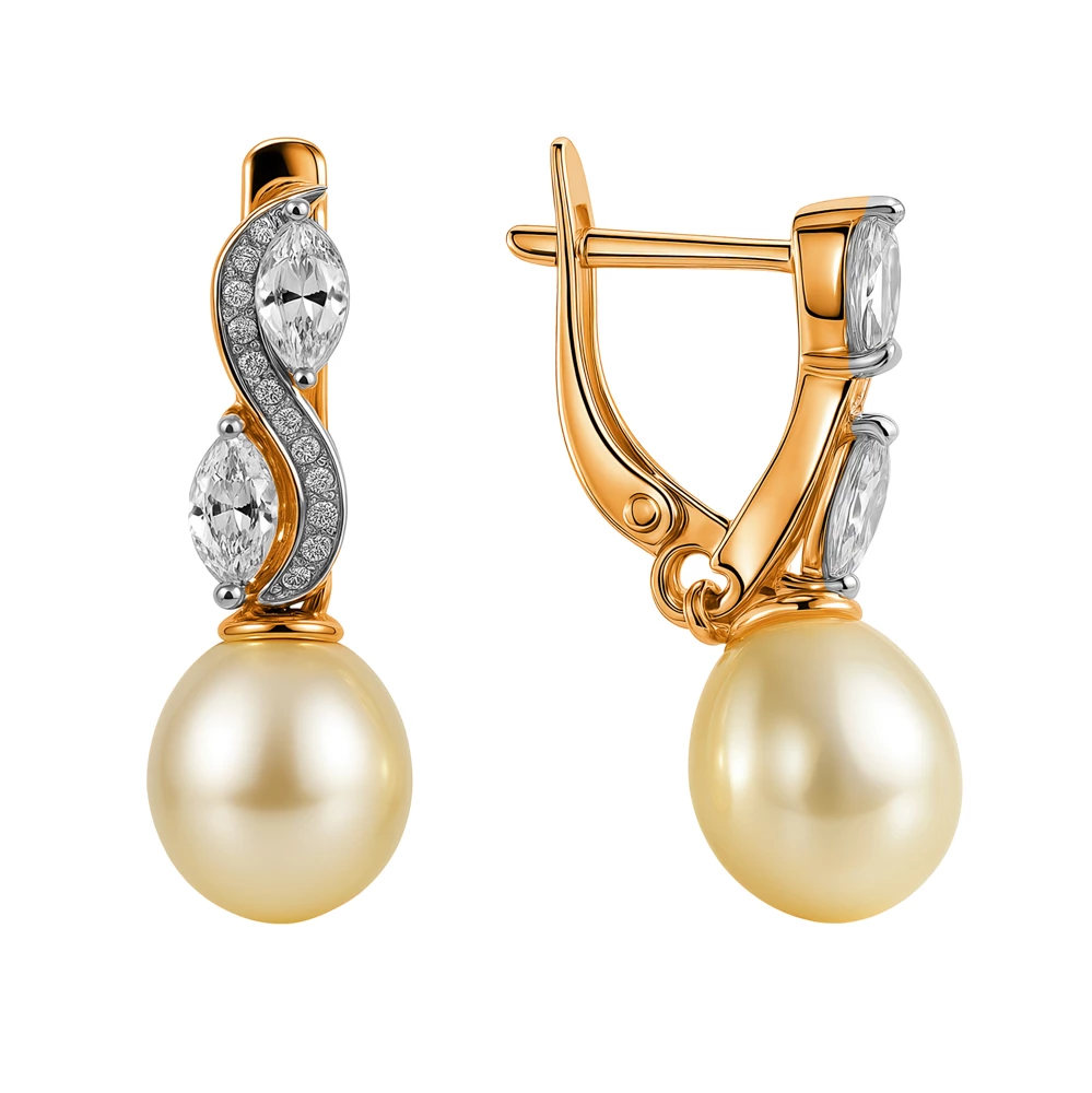 Серьги с культивированным жемчугом и фианитами из красного золота 585 пробы