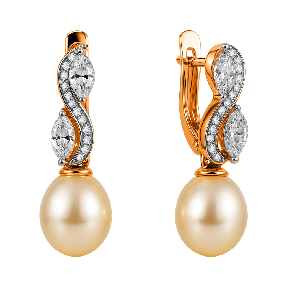 Серьги с культивированным жемчугом и фианитами из красного золота 585 пробы