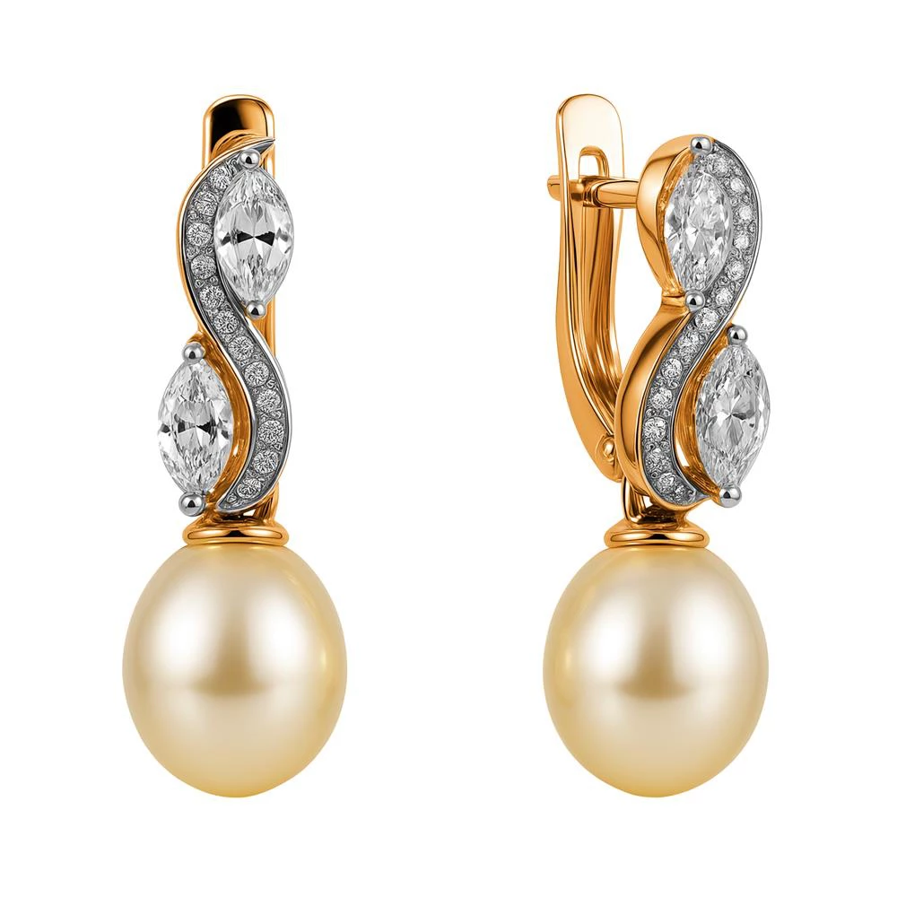 Серьги с культивированным жемчугом и фианитами из красного золота 585 пробы