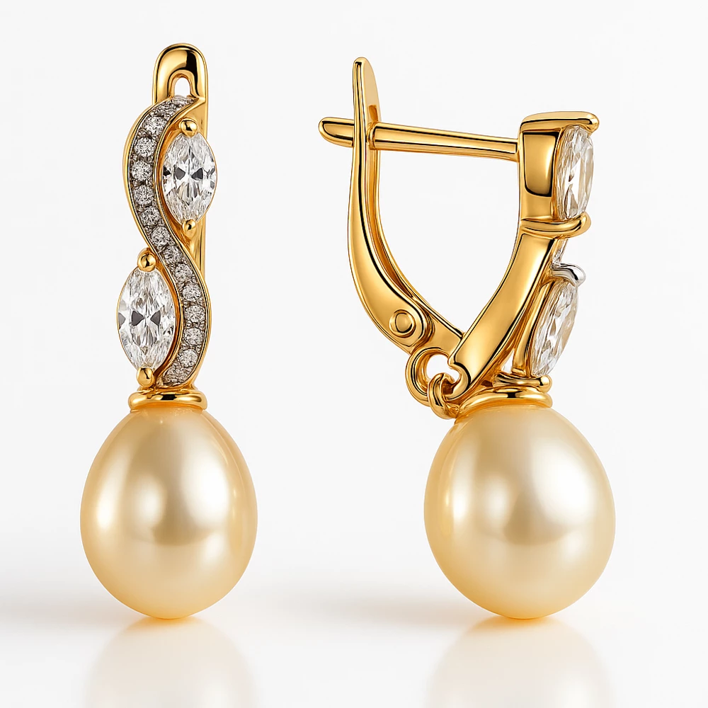 Серьги с культивированным жемчугом и фианитами из красного золота 585 пробы Серьги с культивированным жемчугом и фианитами из красного золота 585 пробы