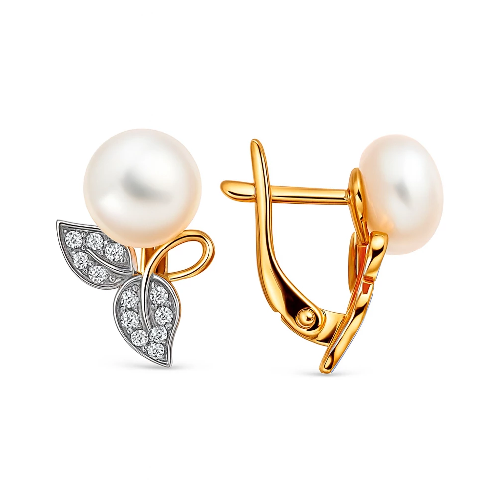 Серьги с культивированным жемчугом и фианитами из красного золота 585 пробы