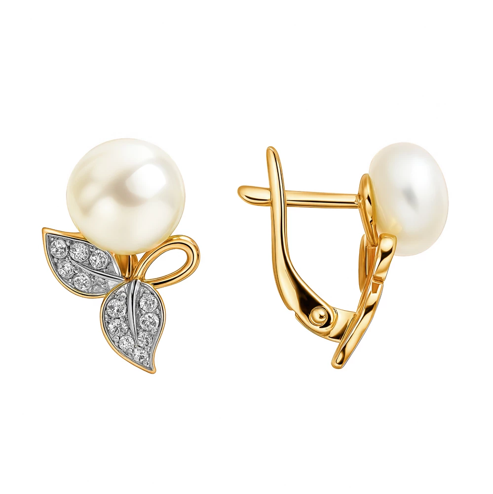 Серьги с культивированным жемчугом и фианитами из красного золота 585 пробы
