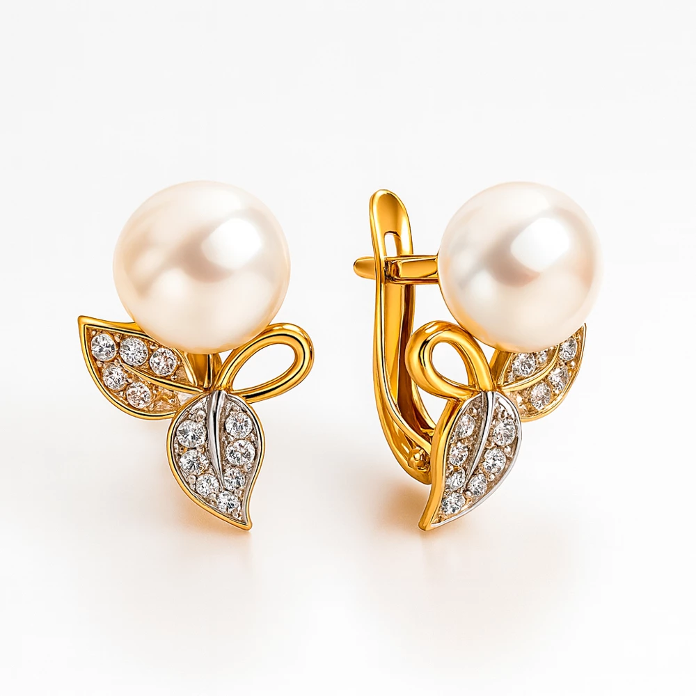 Серьги с культивированным жемчугом и фианитами из красного золота 585 пробы