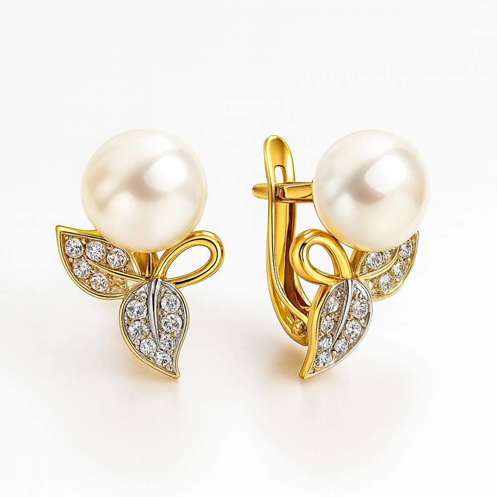 Серьги с культивированным жемчугом и фианитами из красного золота 585 пробы Серьги с культивированным жемчугом и фианитами из красного золота 585 пробы