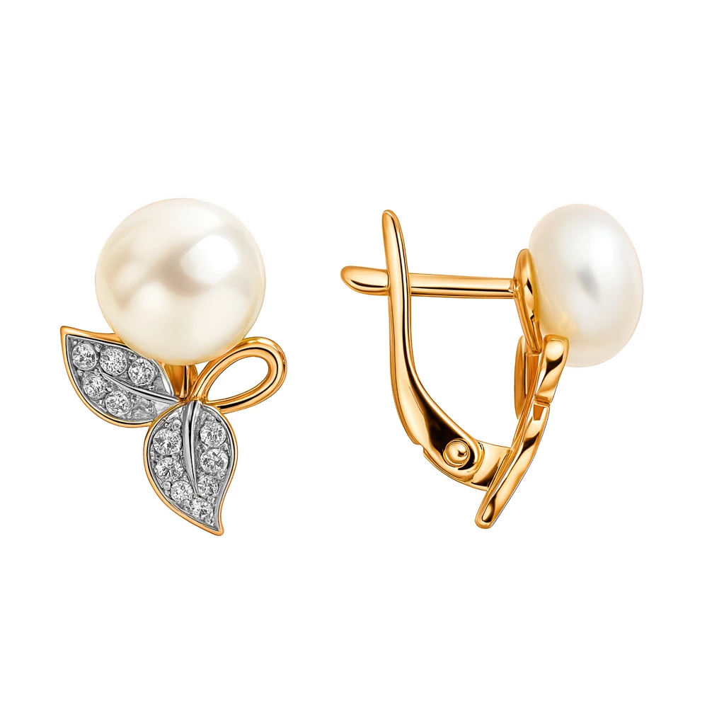 Серьги с культивированным жемчугом и фианитами из красного золота 585 пробы Серьги с культивированным жемчугом и фианитами из красного золота 585 пробы