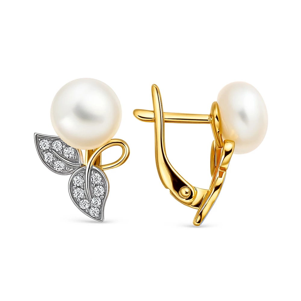 Серьги с культивированным жемчугом и фианитами из красного золота 585 пробы Серьги с культивированным жемчугом и фианитами из красного золота 585 пробы