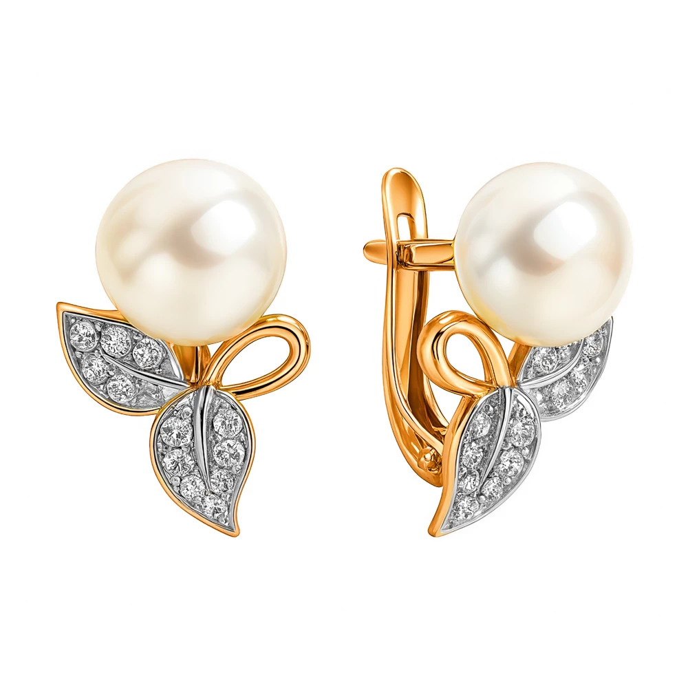 Серьги с культивированным жемчугом и фианитами из красного золота 585 пробы
