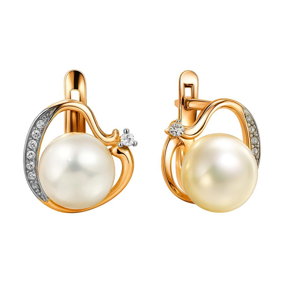 Серьги с культивированным жемчугом и фианитами из красного золота 585 пробы