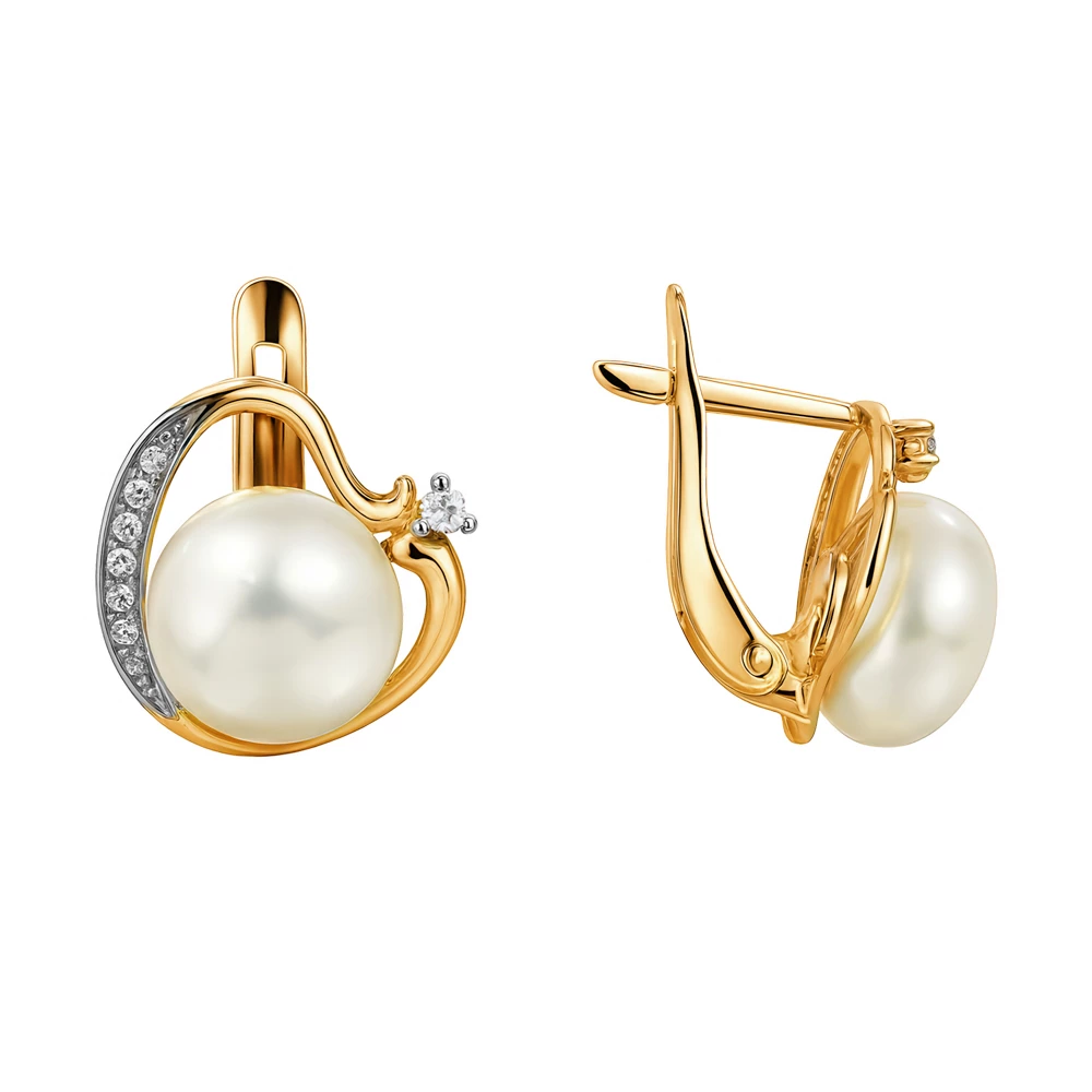 Серьги с культивированным жемчугом и фианитами из красного золота 585 пробы