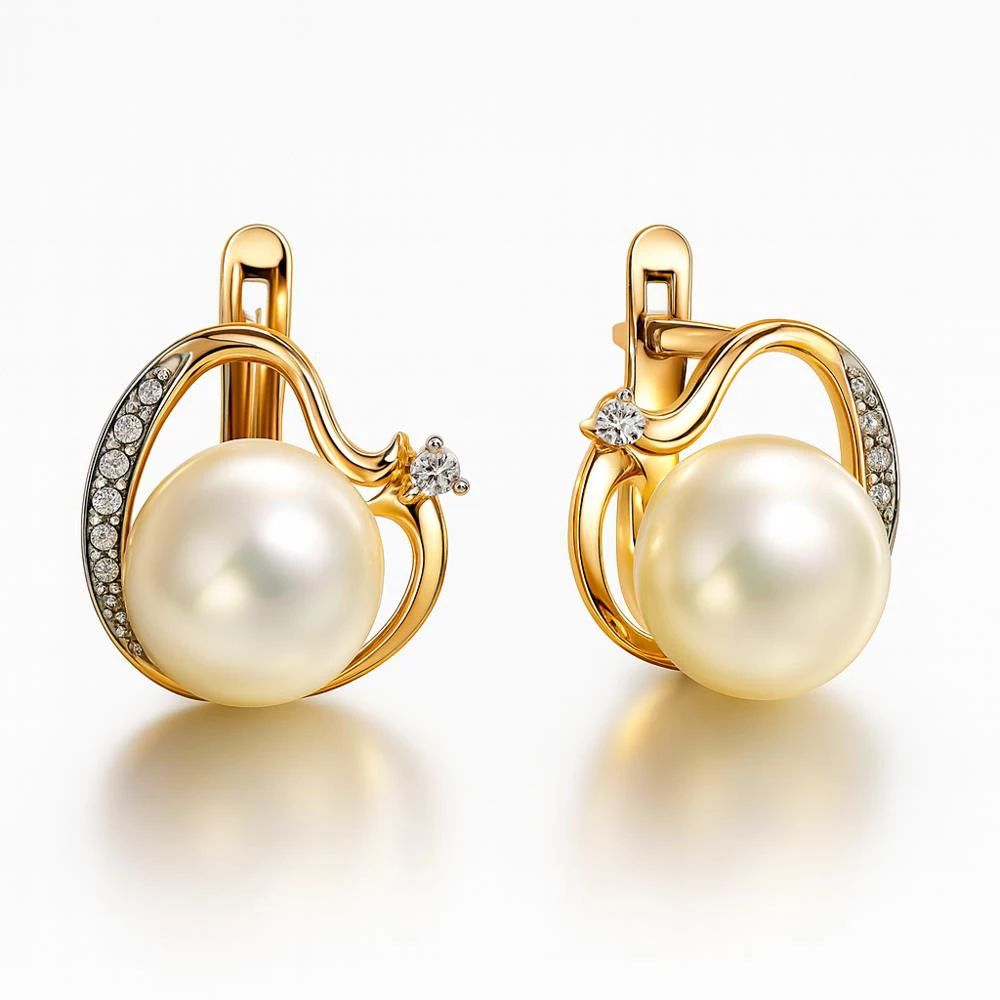 Серьги с культивированным жемчугом и фианитами из красного золота 585 пробы Серьги с культивированным жемчугом и фианитами из красного золота 585 пробы