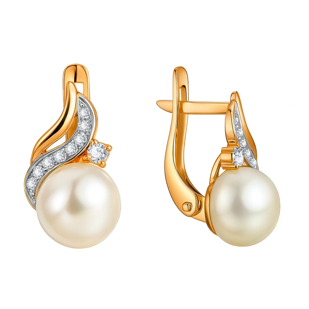 Серьги с культивированным жемчугом и фианитами из красного золота 585 пробы