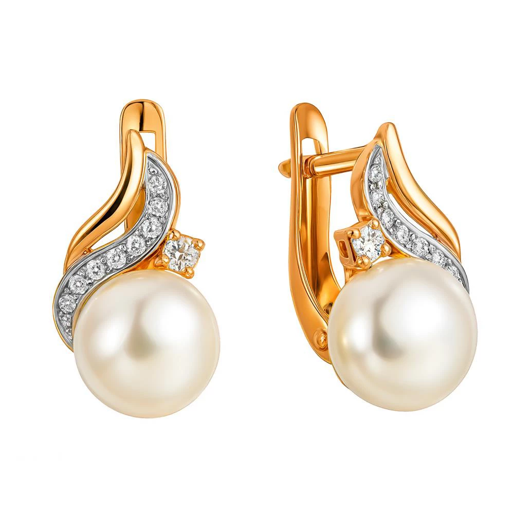Серьги с культивированным жемчугом и фианитами из красного золота 585 пробы