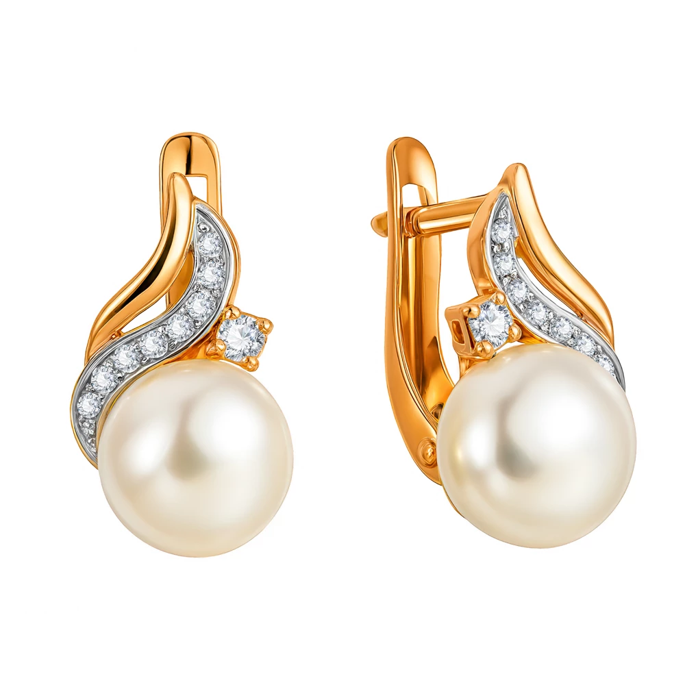 Серьги с культивированным жемчугом и фианитами из красного золота 585 пробы