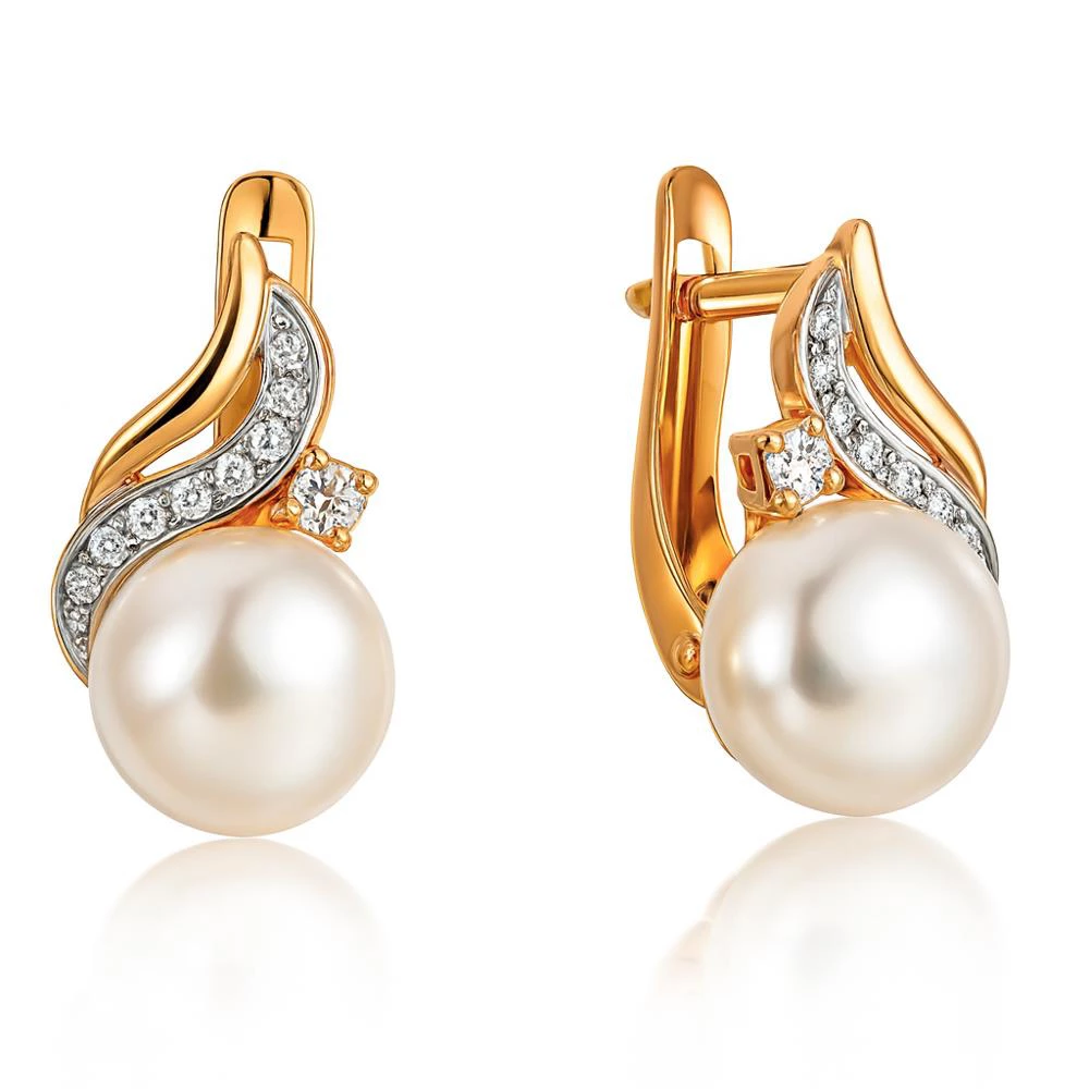 Серьги с культивированным жемчугом и фианитами из красного золота 585 пробы Серьги с культивированным жемчугом и фианитами из красного золота 585 пробы