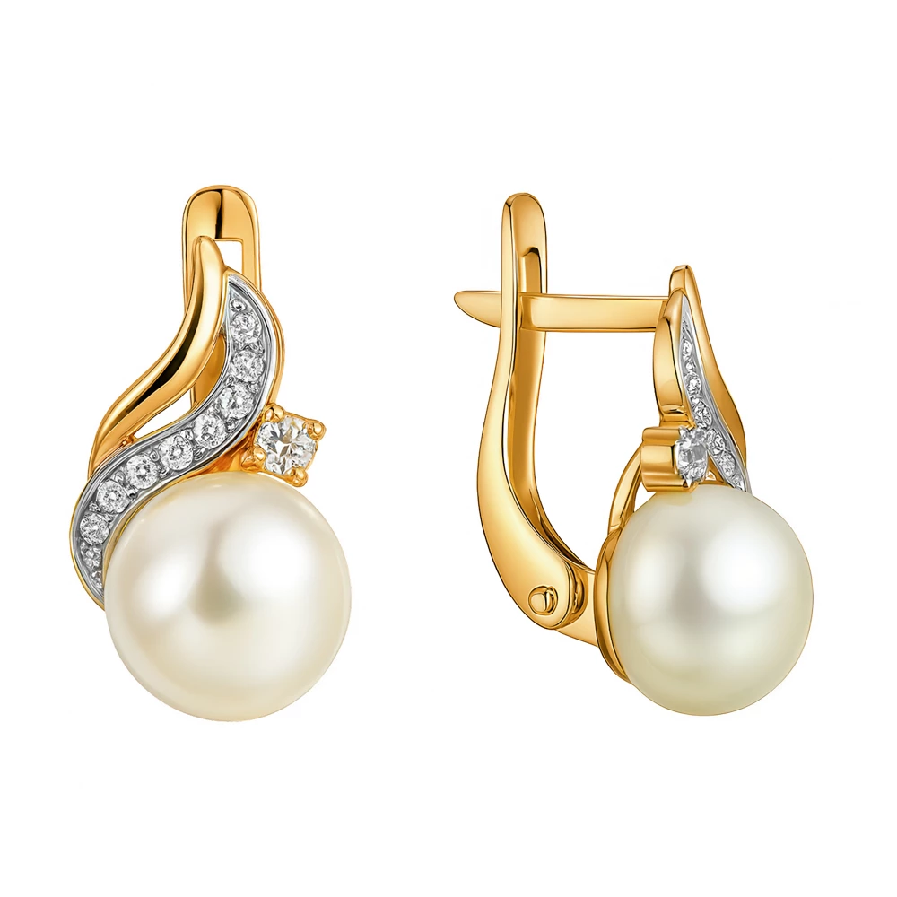 Серьги с культивированным жемчугом и фианитами из красного золота 585 пробы