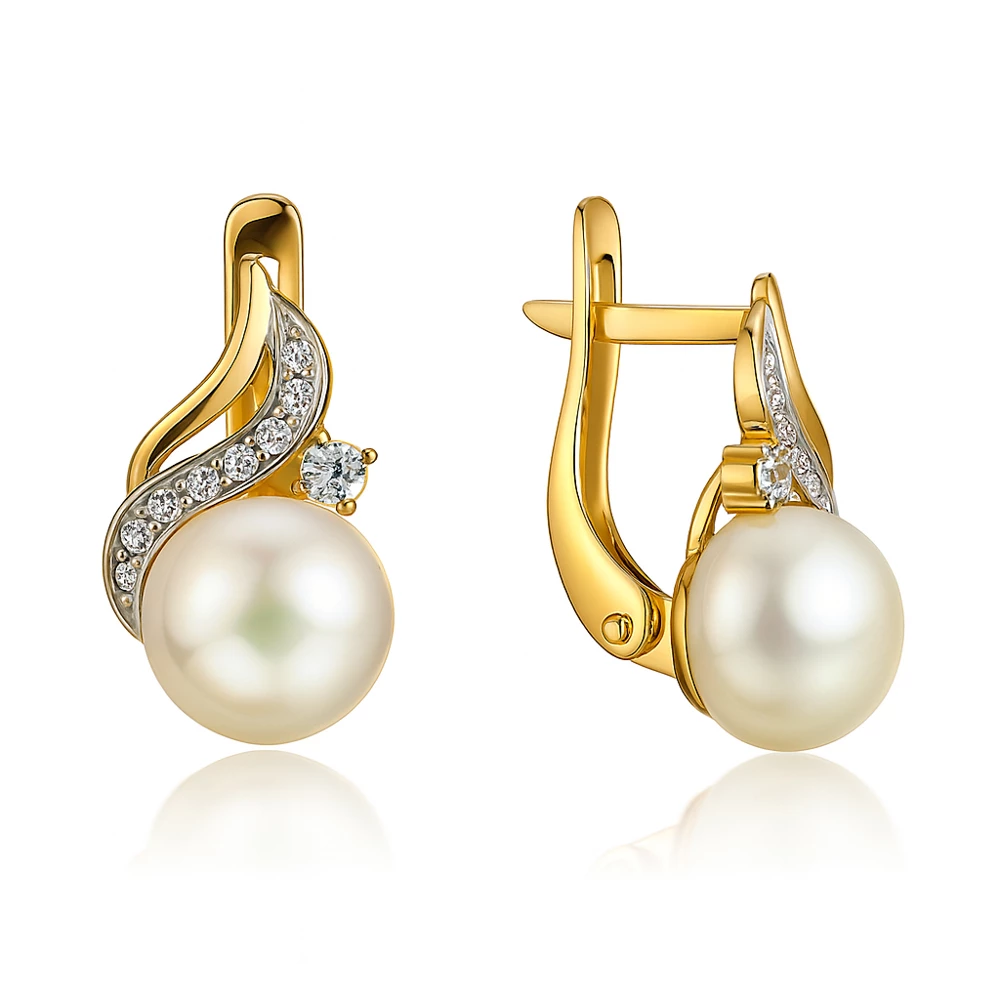 Серьги с культивированным жемчугом и фианитами из красного золота 585 пробы Серьги с культивированным жемчугом и фианитами из красного золота 585 пробы