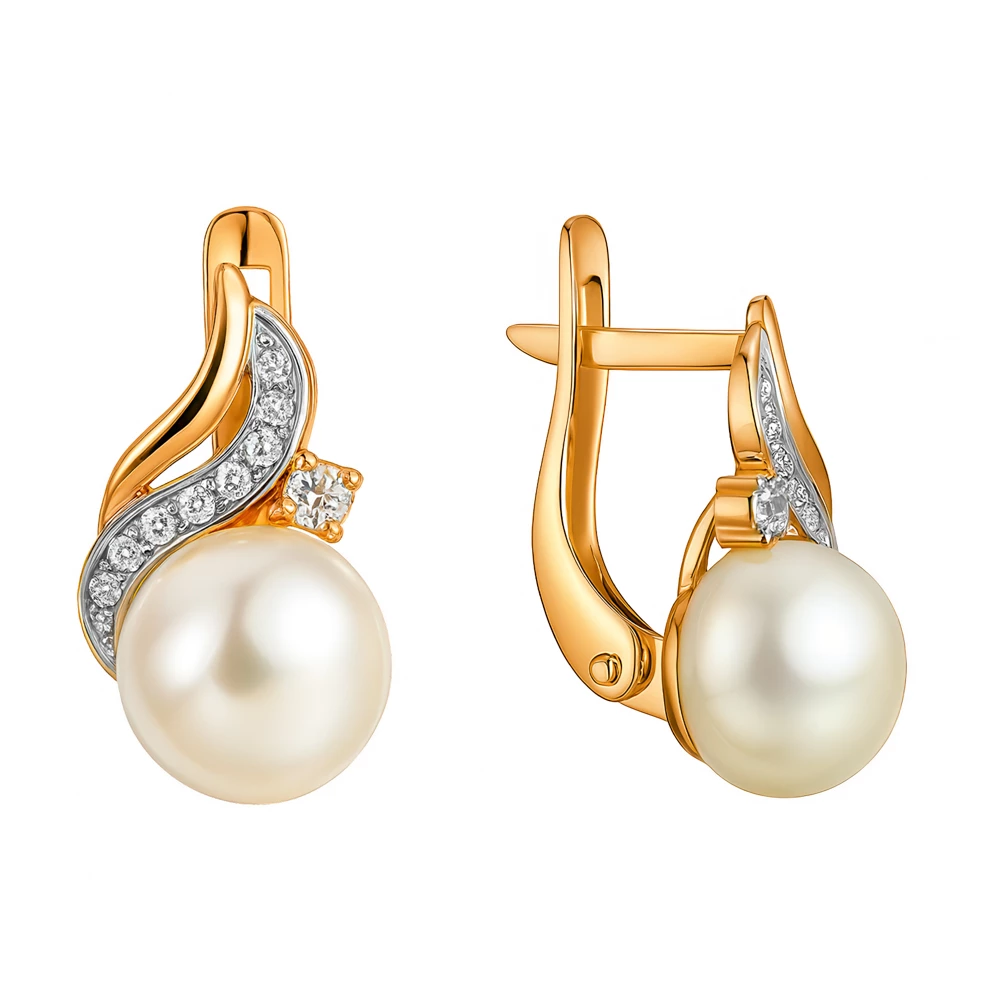 Серьги с культивированным жемчугом и фианитами из красного золота 585 пробы