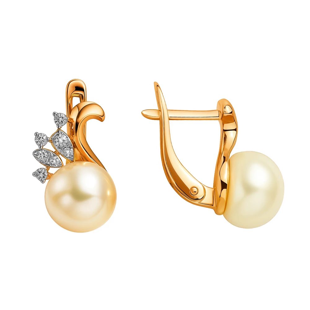 Серьги с культивированным жемчугом и фианитами из красного золота 585 пробы Серьги с культивированным жемчугом и фианитами из красного золота 585 пробы