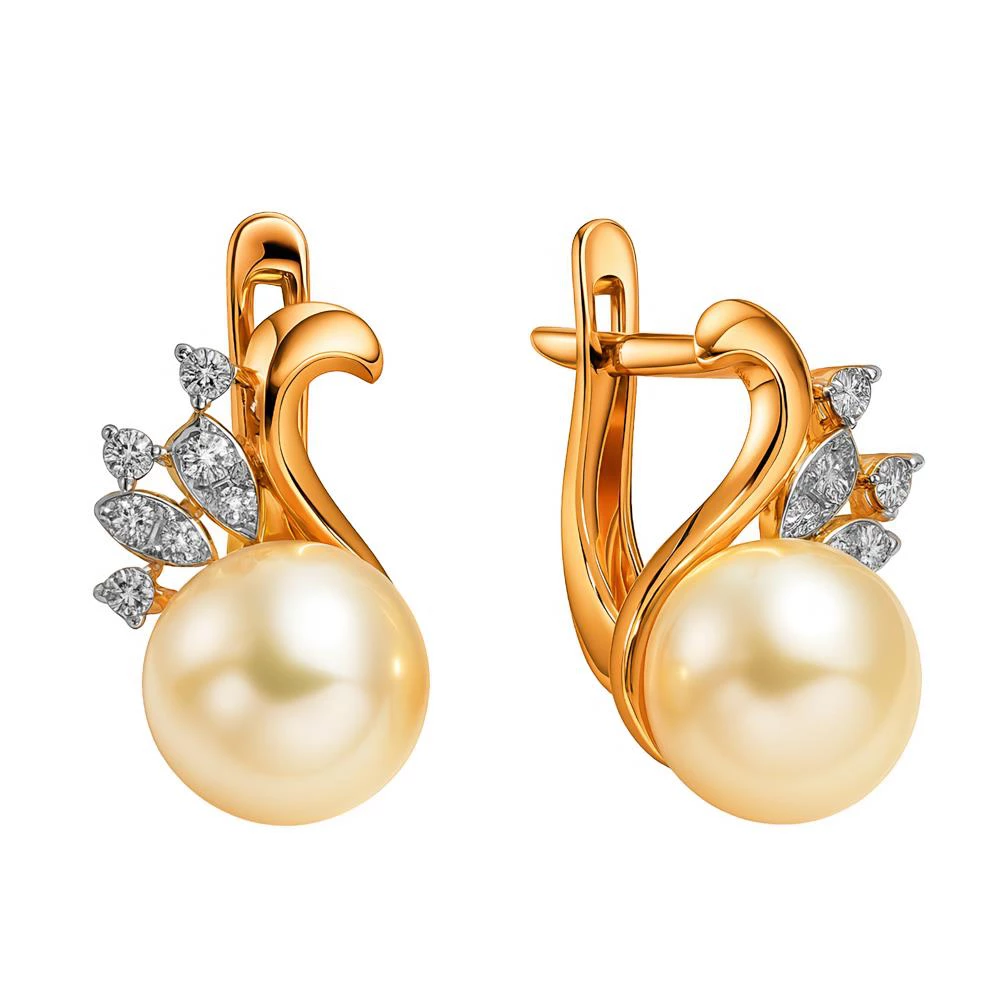 Серьги с культивированным жемчугом и фианитами из красного золота 585 пробы