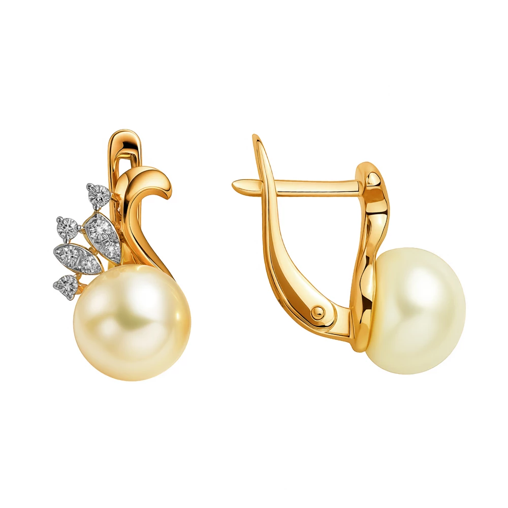Серьги с культивированным жемчугом и фианитами из красного золота 585 пробы